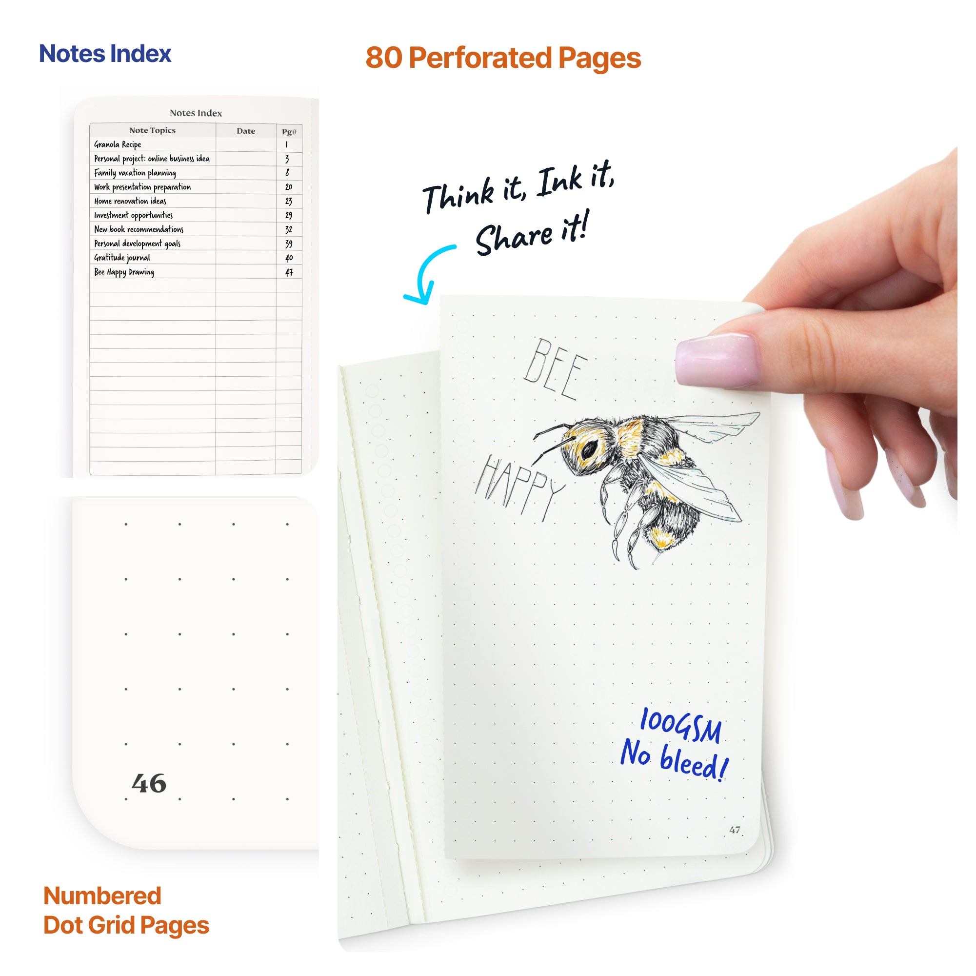 A6 Pocket Notebook 3 Pack 3.5"x5.5" Dotted Small Notebook 100Gsm Perforated Paper, Numbered with Notes Index